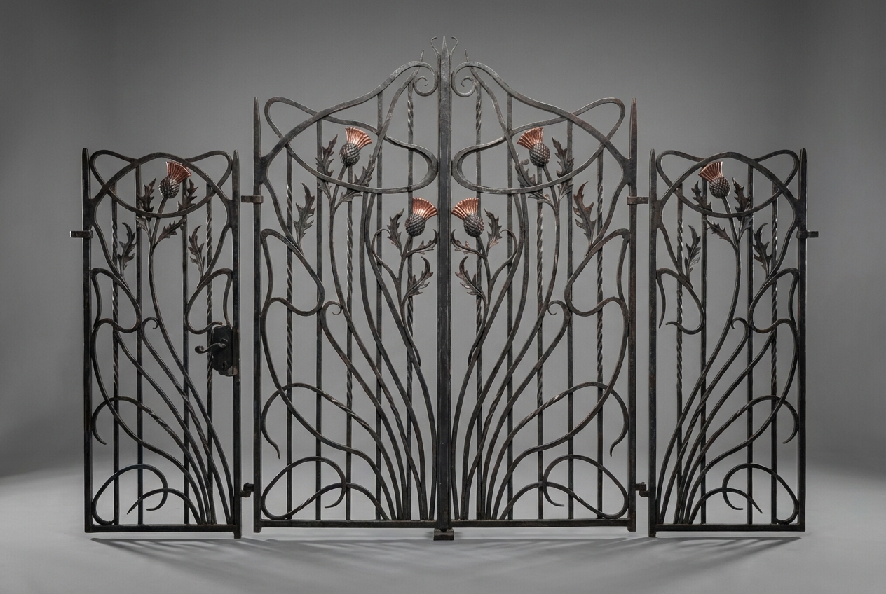 Wrota 'Symfonia Natury' – Luksusowa Brama Kuta w Stylu Secesyjnym z Ostropestem