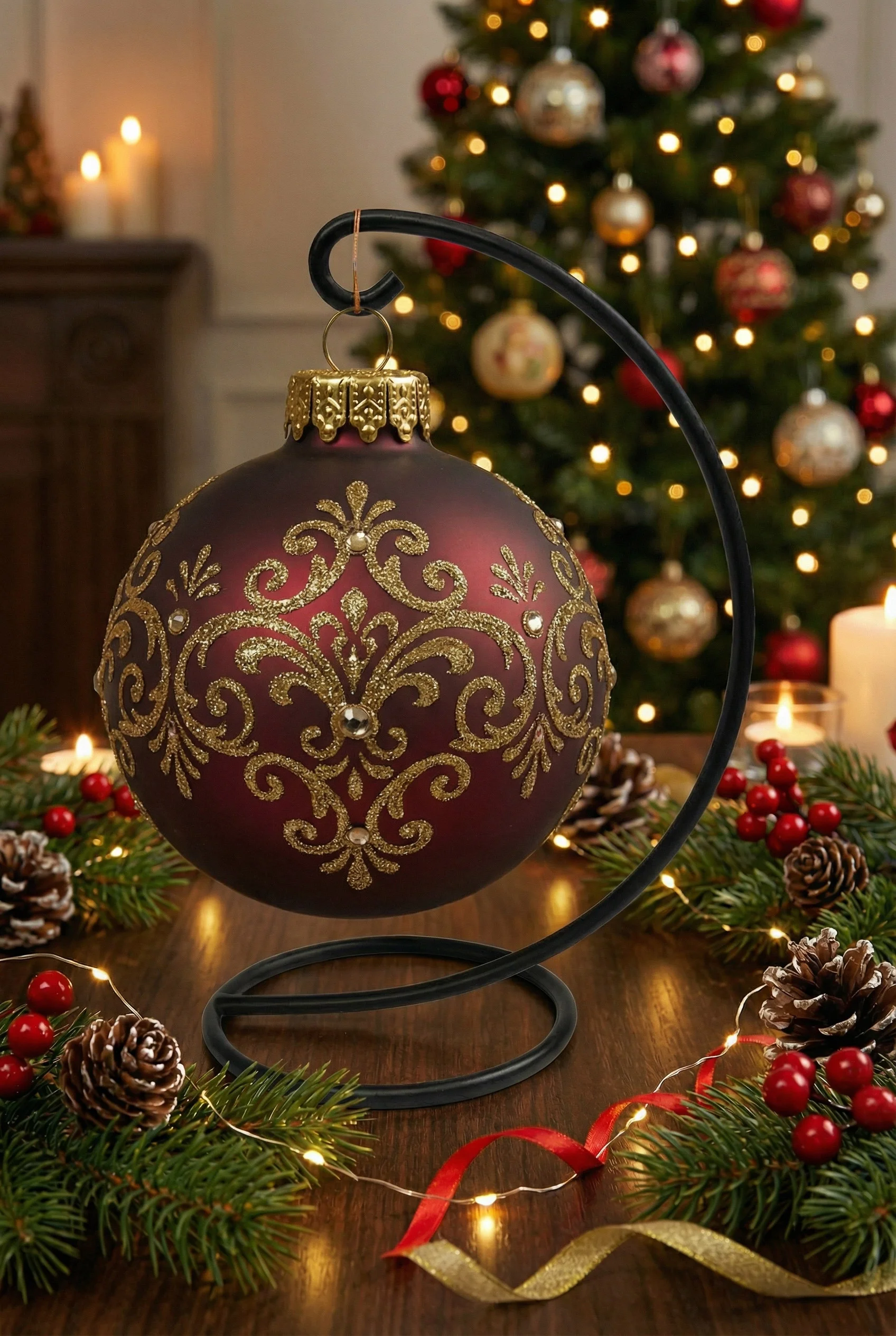 Bordowa bombka ze złotym ornamentem na stojaku