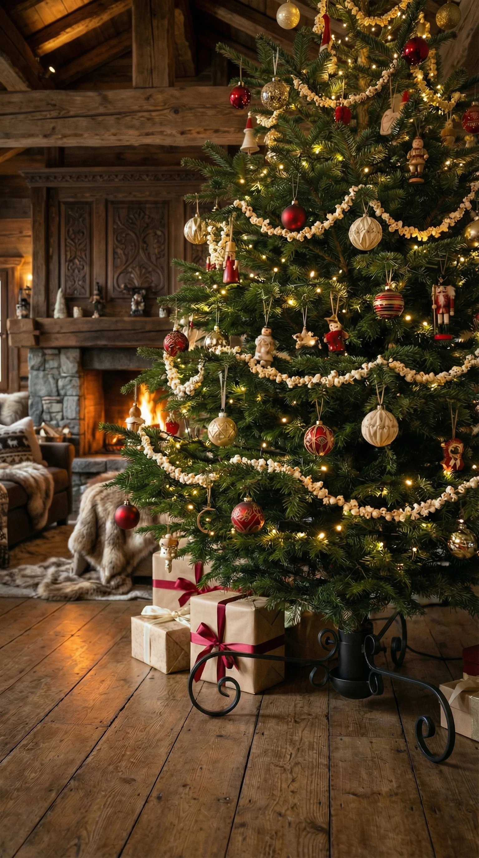 Choinka ozdobiona złotymi łańcuchami w drewnianym wnętrzu