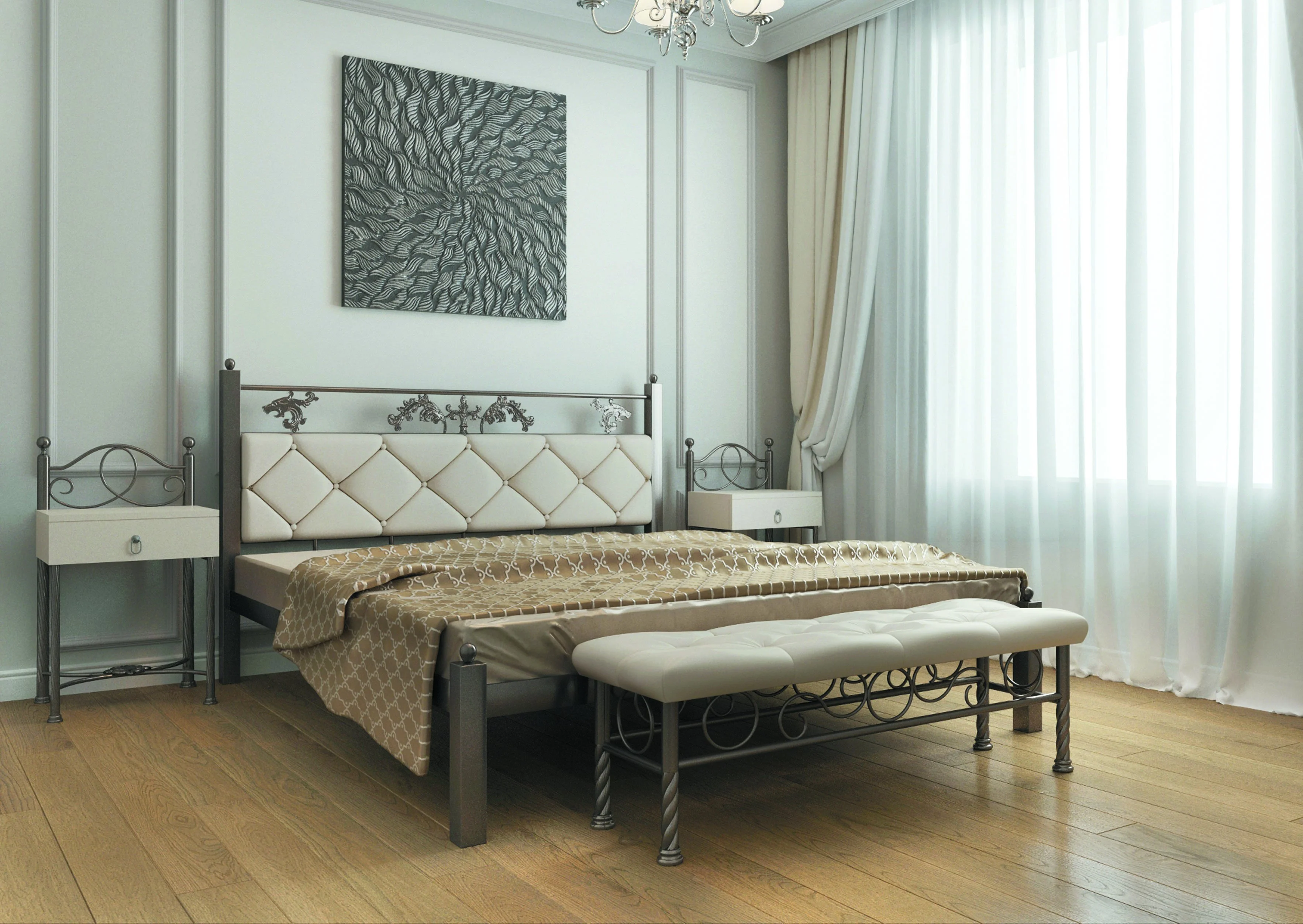 Łóżko Metalowe Tapicerowane Beżowe - Aranżacja