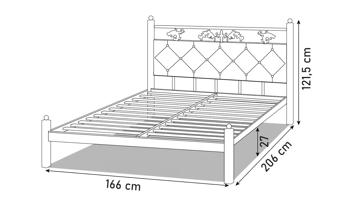 Łóżko Metalowe Tapicerowane - Rysunek Techniczny (166x206)