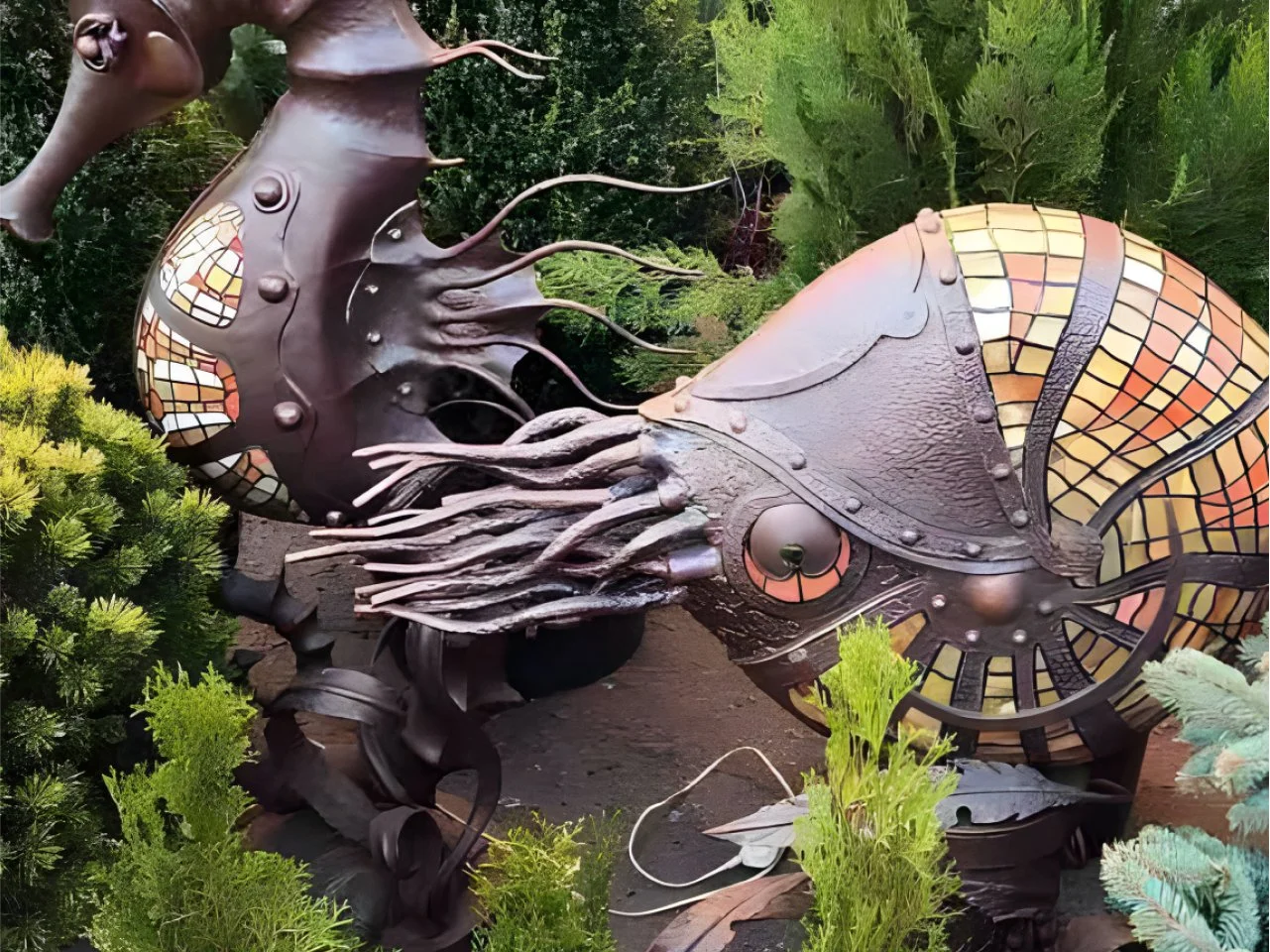 Rzeźby morskie - Konik morski i łodzik (Detal)