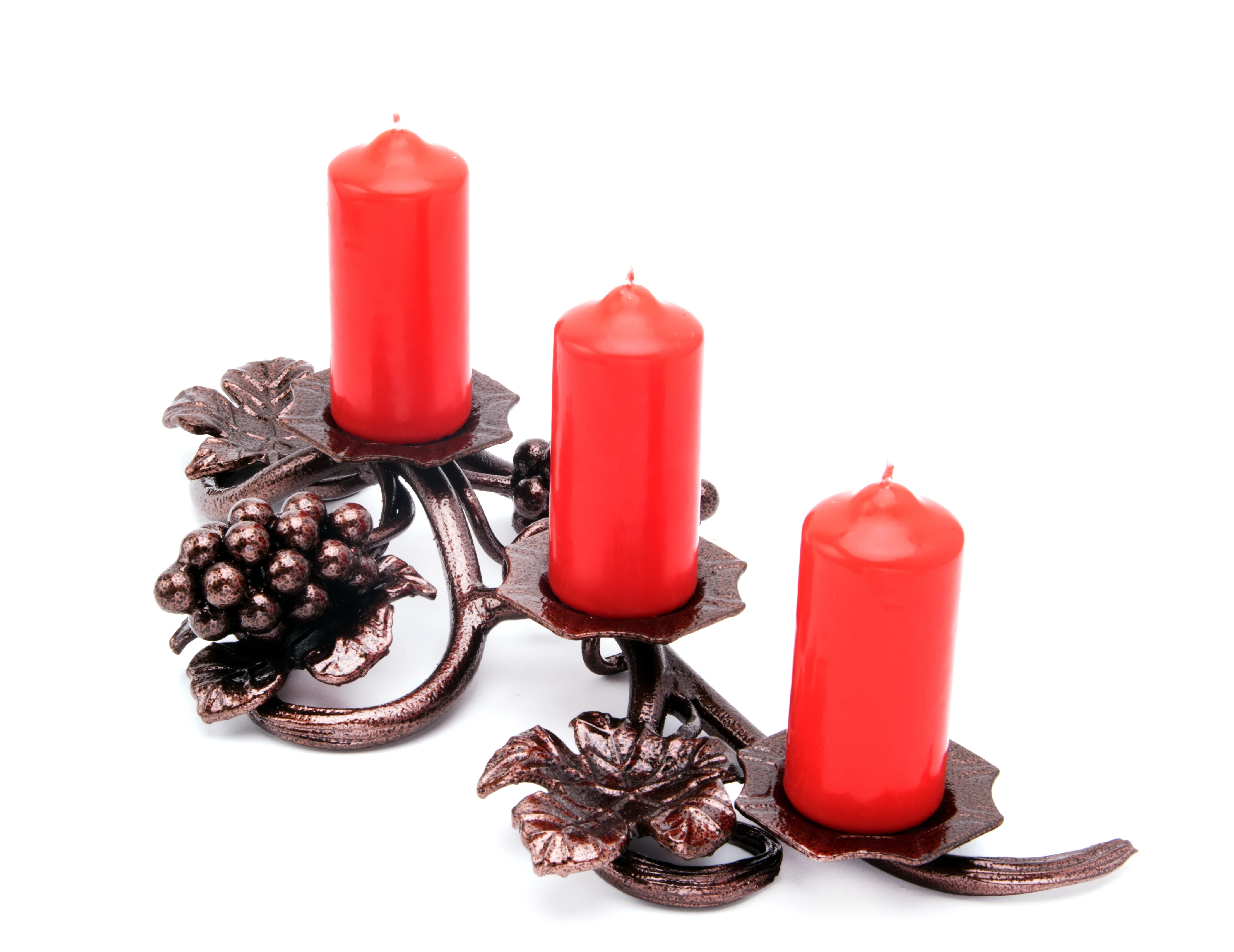 Świecznik kuty trójramienny winogrona - czerwone świece