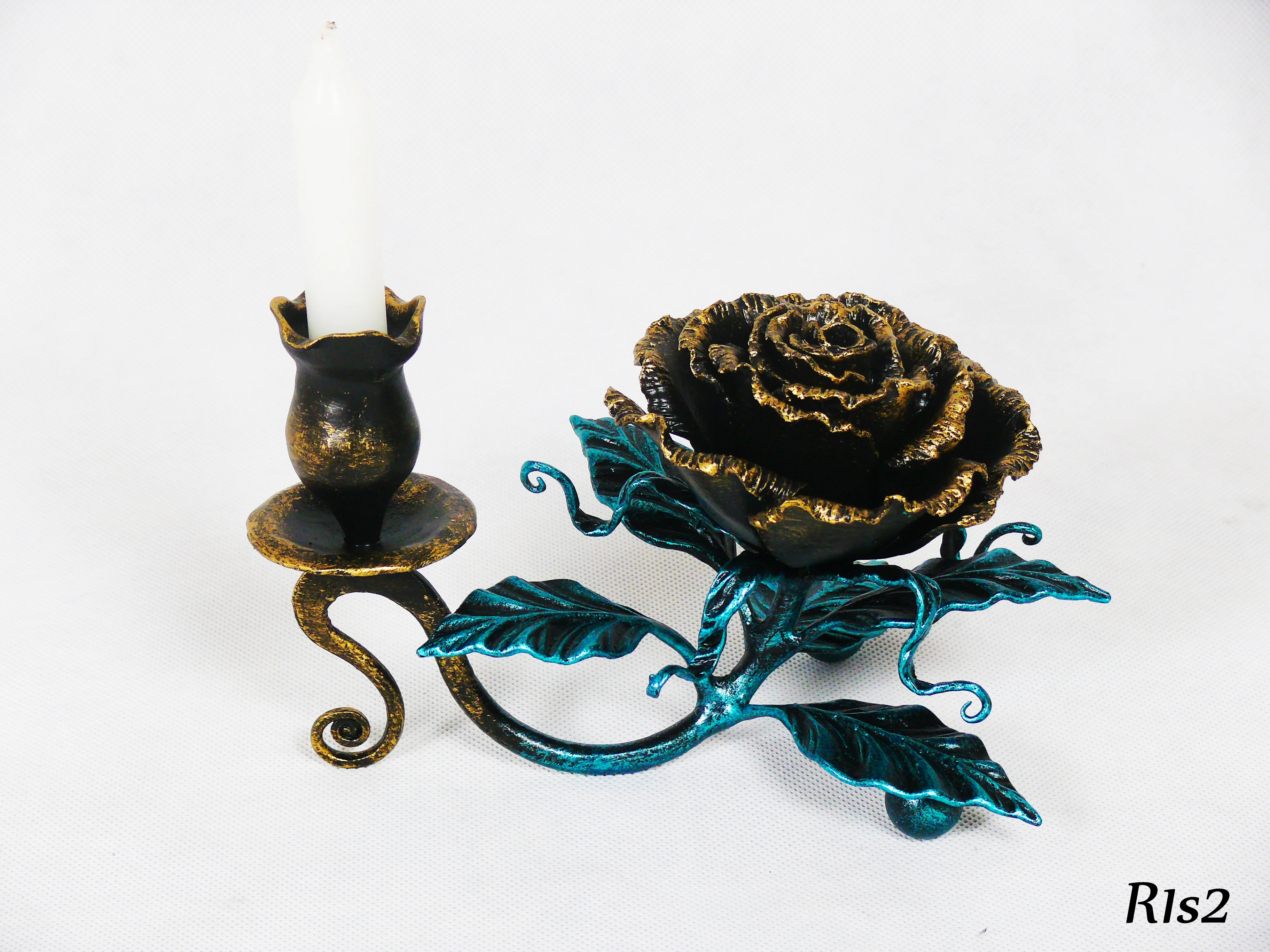 Świecznik Pojedynczy - Czarna Róża z Turkusową Patyną