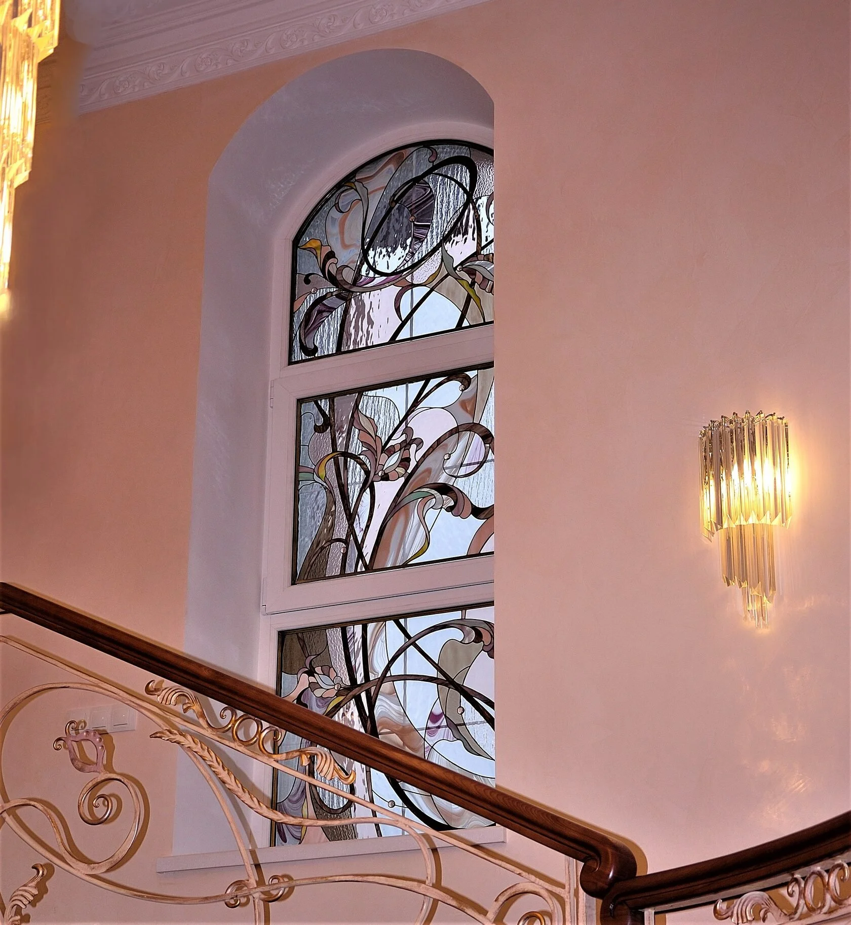 Witraż Okienny - Beżowy Wachlarz Secesyjny