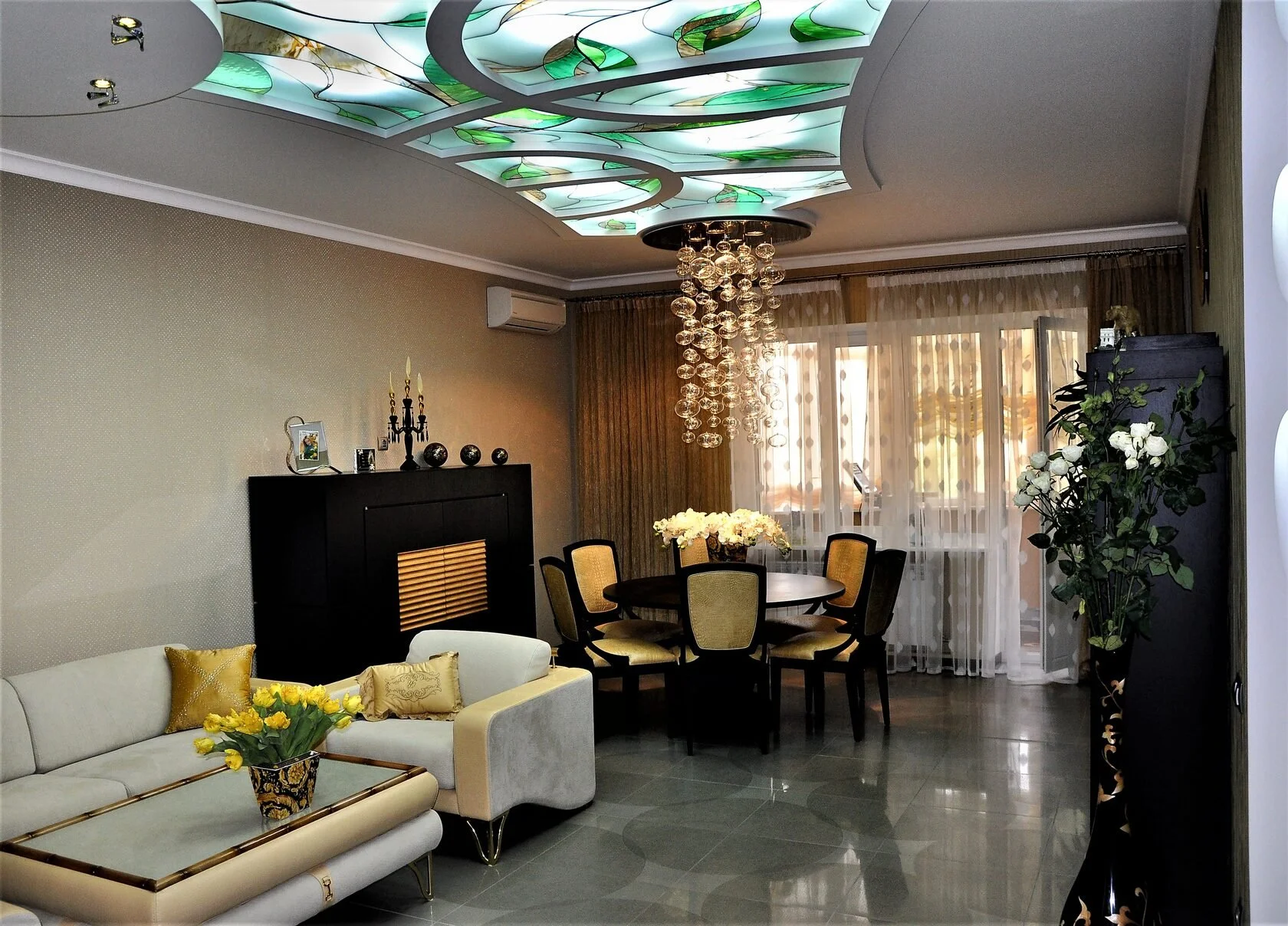 Nowoczesny Witraż Sufitowy - Zielona Fala