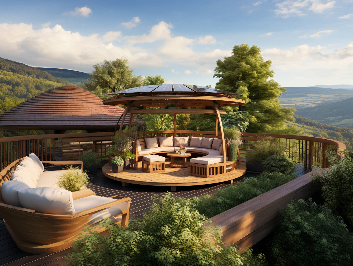 Altana drewniana z panelami słonecznymi.