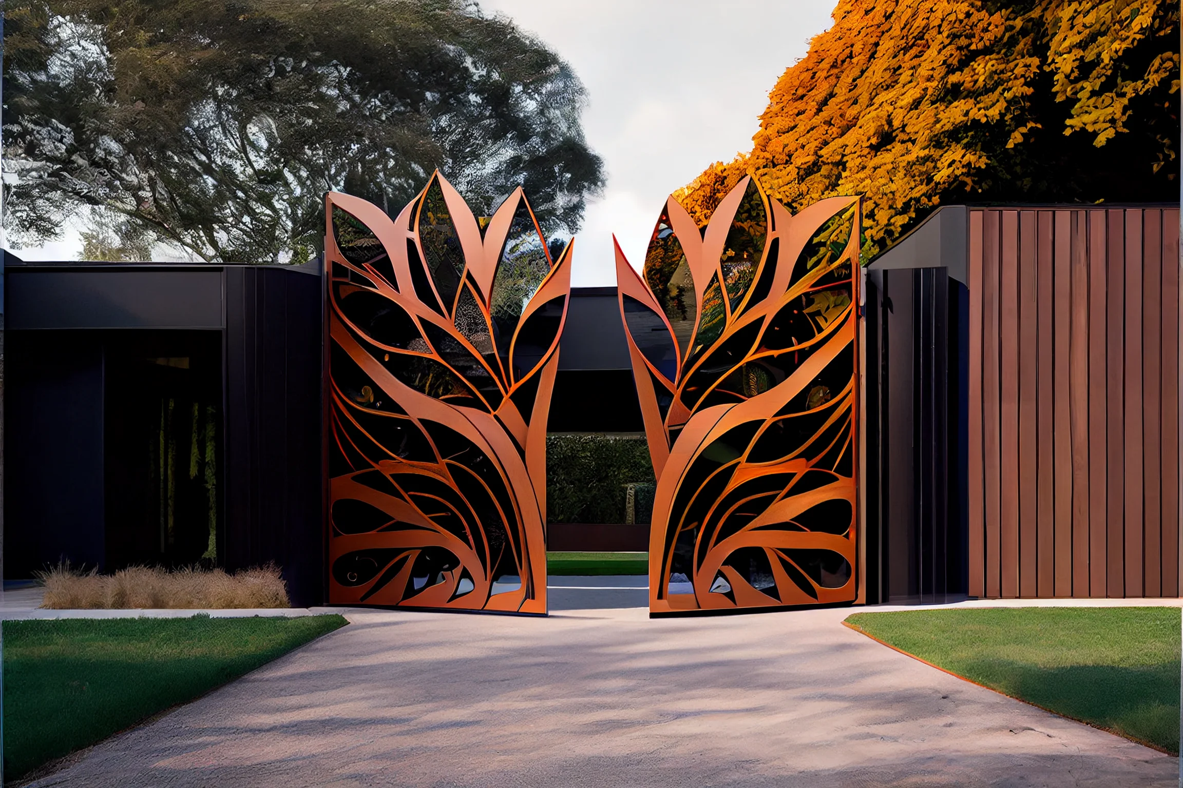 Automatyczna brama wjazdowa ze stali COR-TEN® - Drzewo