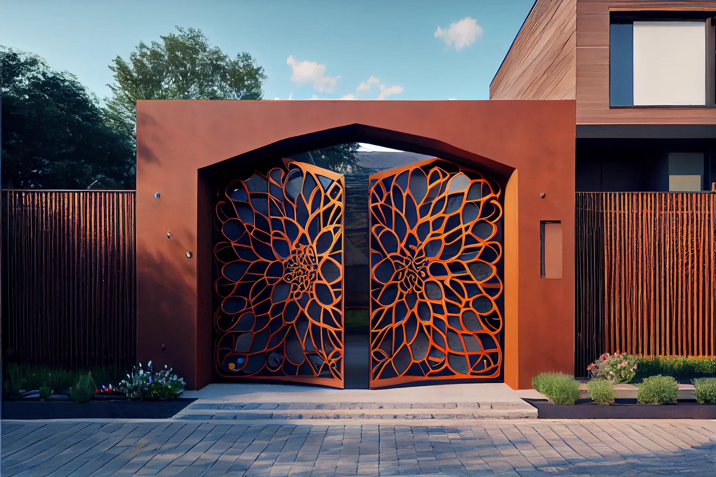 Brama wjazdowa z automatem ze stali COR-TEN® - Kwiat życia