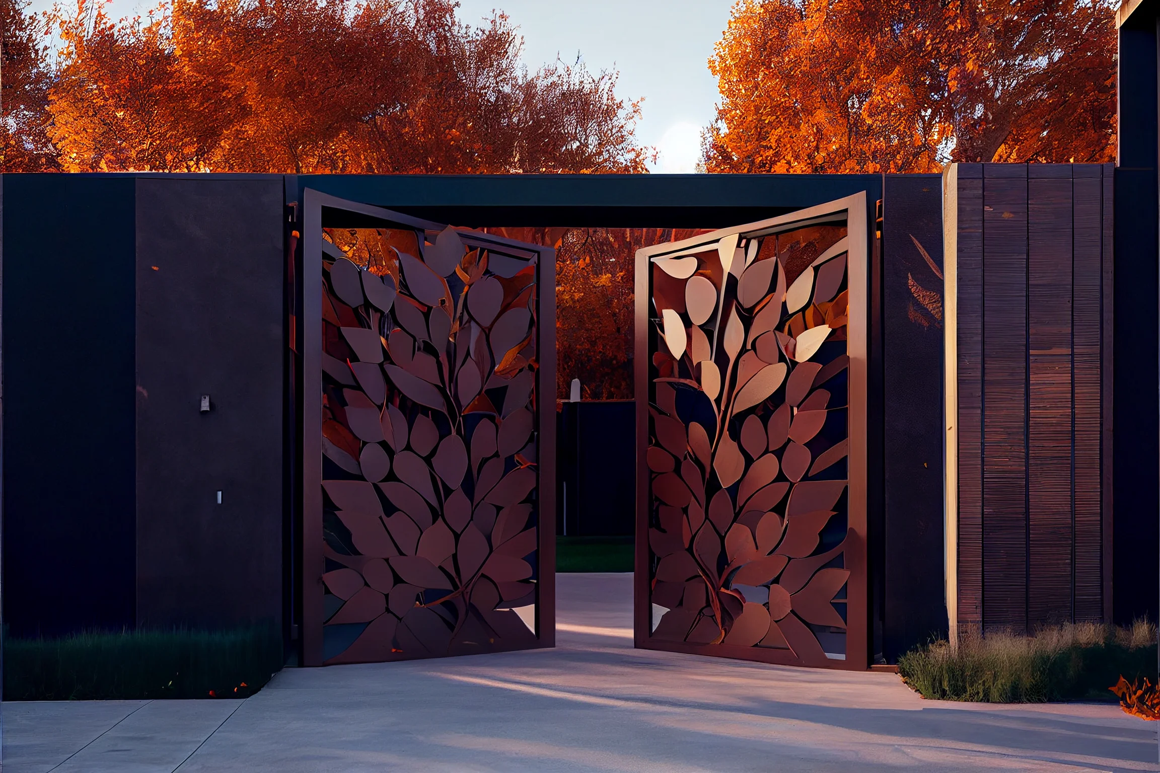 Brama wjazdowa ze stali COR-TEN®- motyw natury, liście.