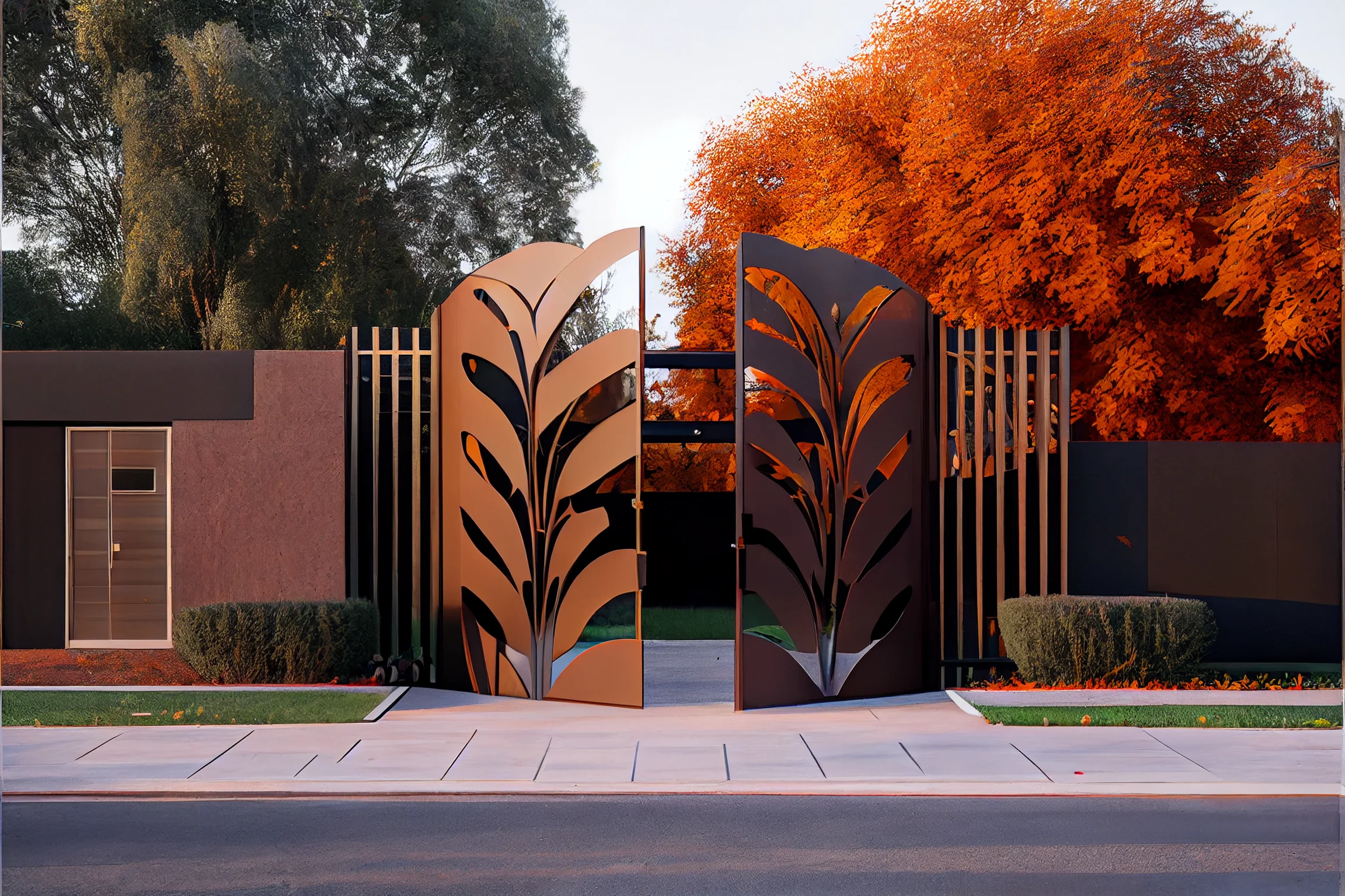 Brama wjazdowa ze stali COR-TEN®- motyw natury, liście