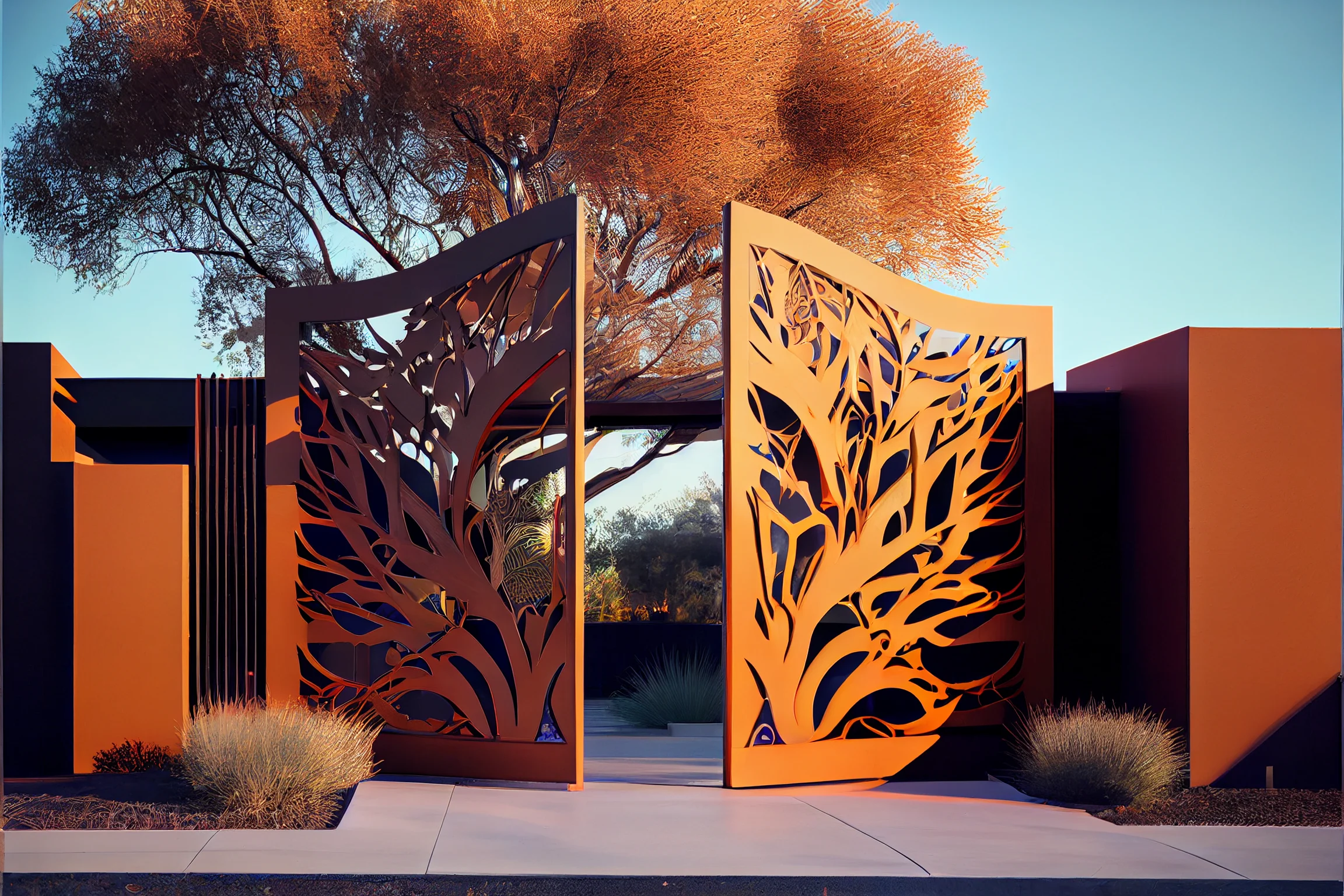 Brama wjazdowa z automatem ze stali COR-TEN® - natura, drzewo, abstrakcja