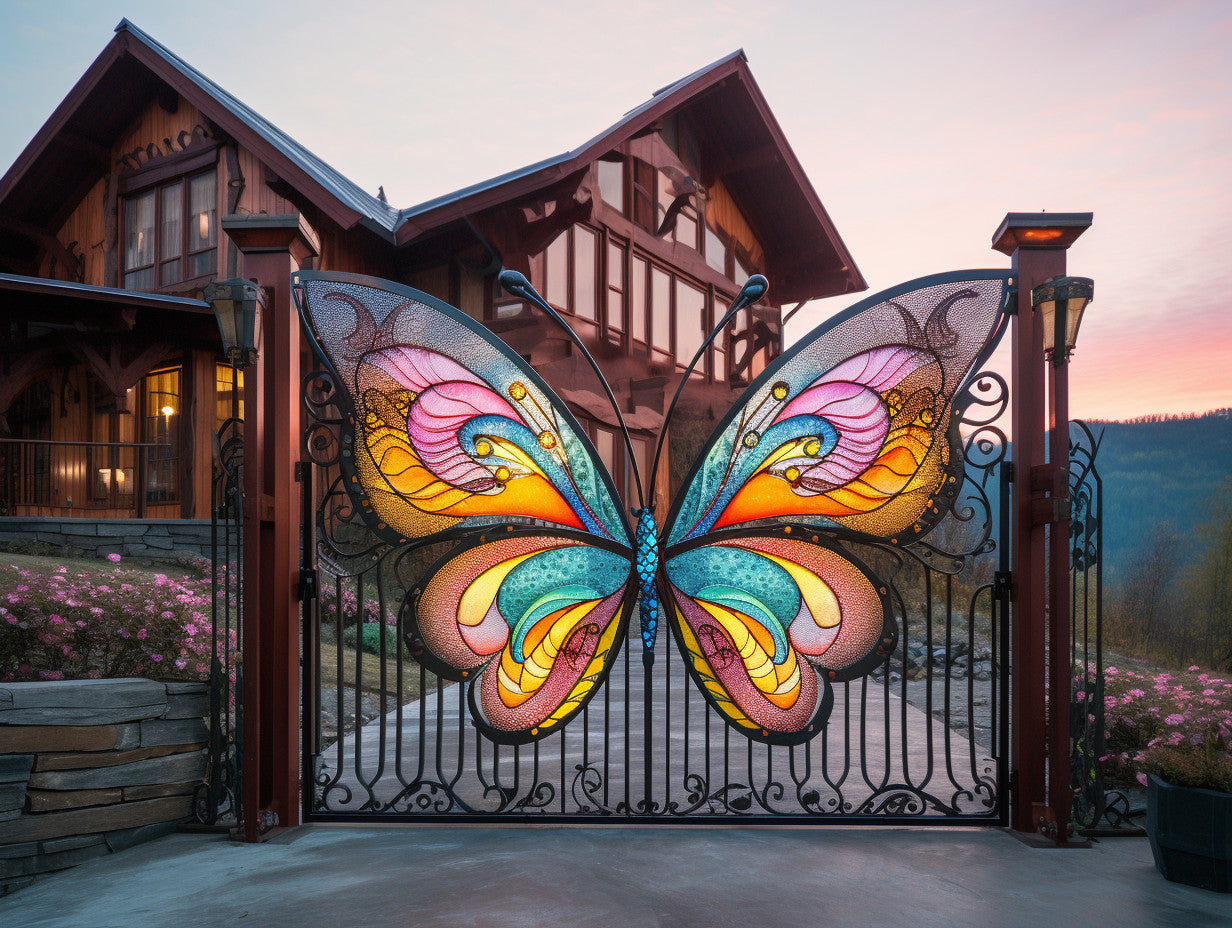 Brama wjazdowa - "Kolorowy motyl z witrażem i LED" - Kowalstwo artystyczne