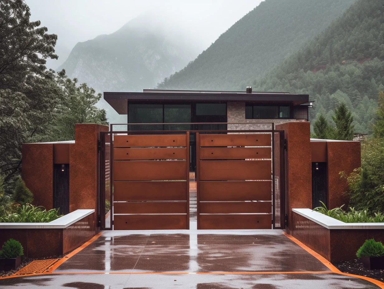 Brama wjazdowa ze stali COR-TEN® - minimalizm, bauhaus.