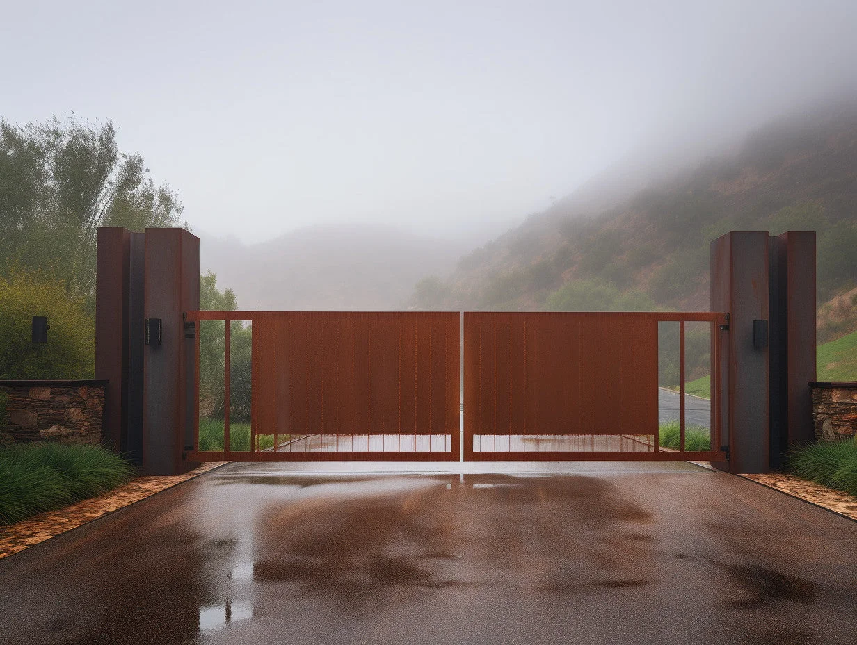Brama wjazdowa ze stali COR-TEN® - bauhaus, rdzeń.