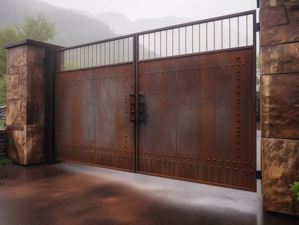 Brama wjazdowa ze stali COR-TEN® - industrialna, wypełniona, bauhaus