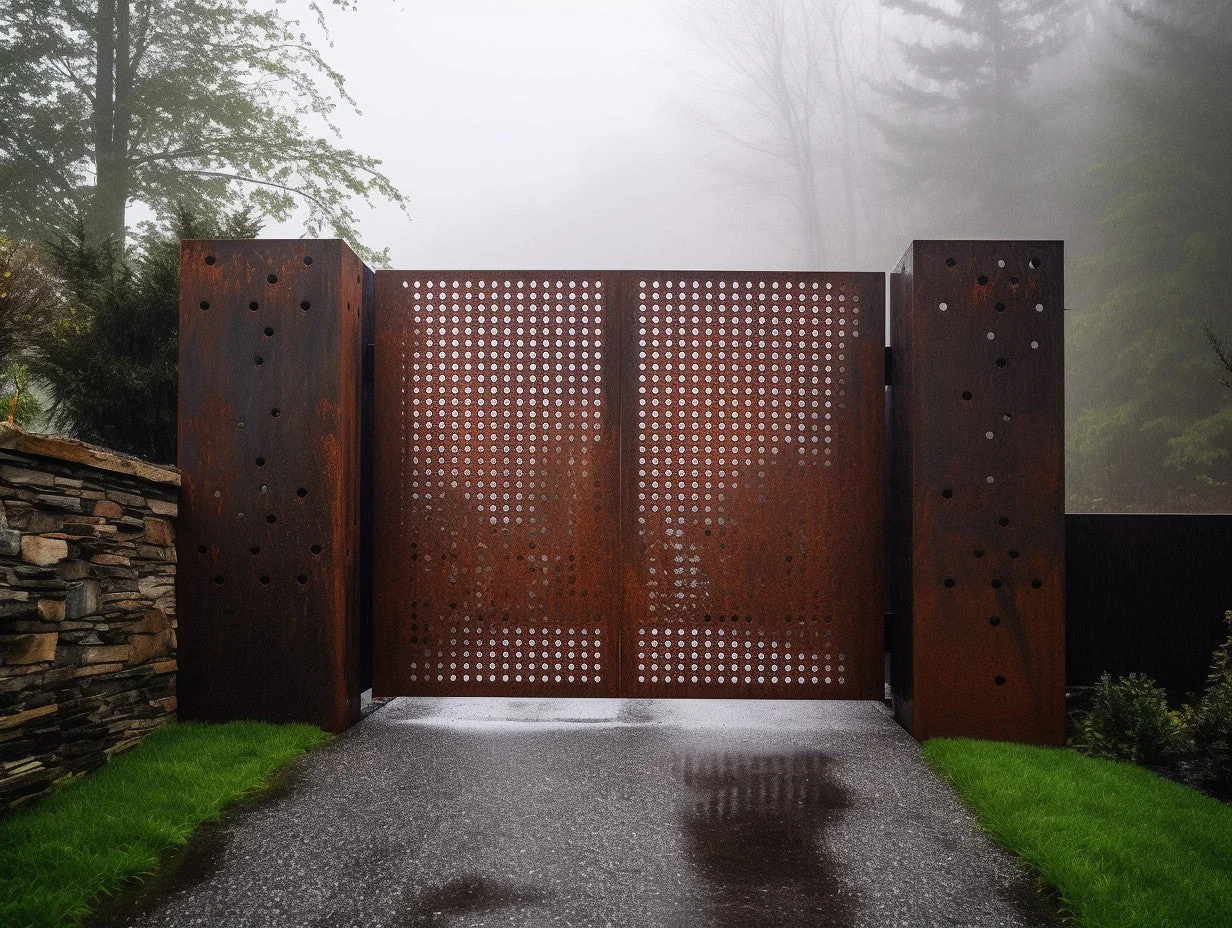 Brama wjazdowa ze stali COR-TEN® - Perforowane okręgi.