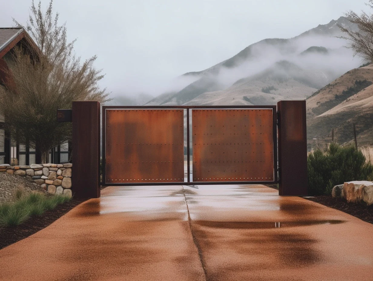 Brama wjazdowa ze stali COR-TEN® - wypełniona, industrialna, oszczędna