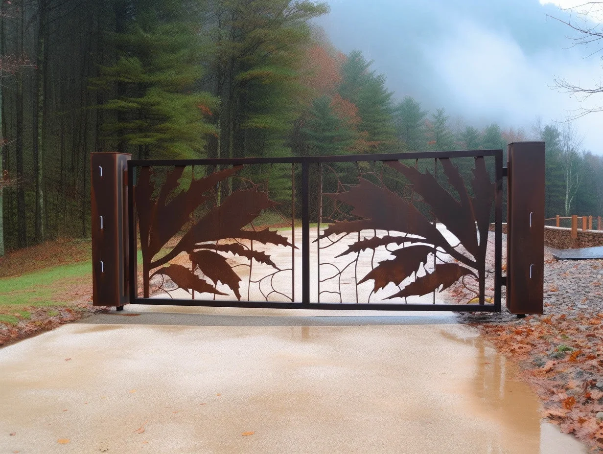 Brama wjazdowa ze stali COR-TEN® - dekoracyjna, klon.