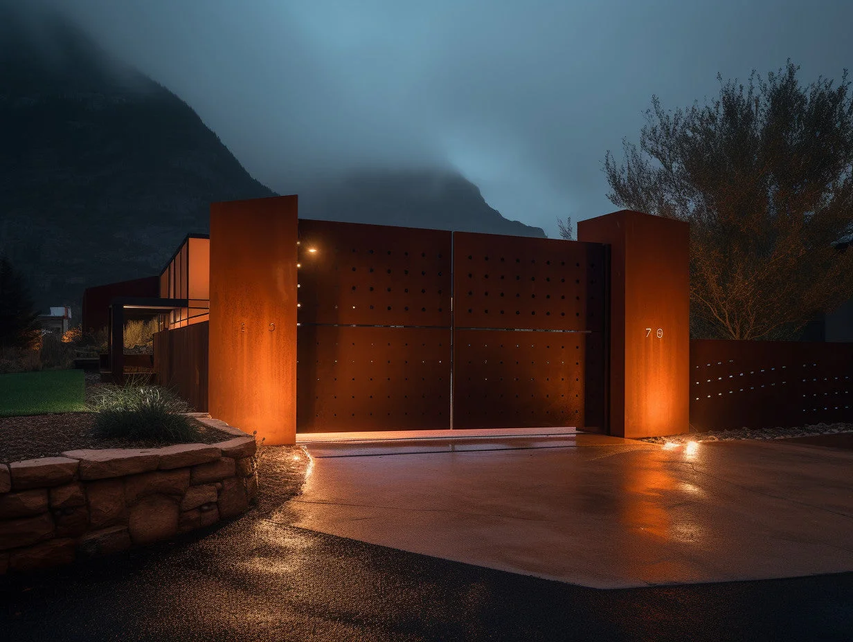 Brama wjazdowa ze stali COR-TEN® - ozdobna, perforowane kółeczka