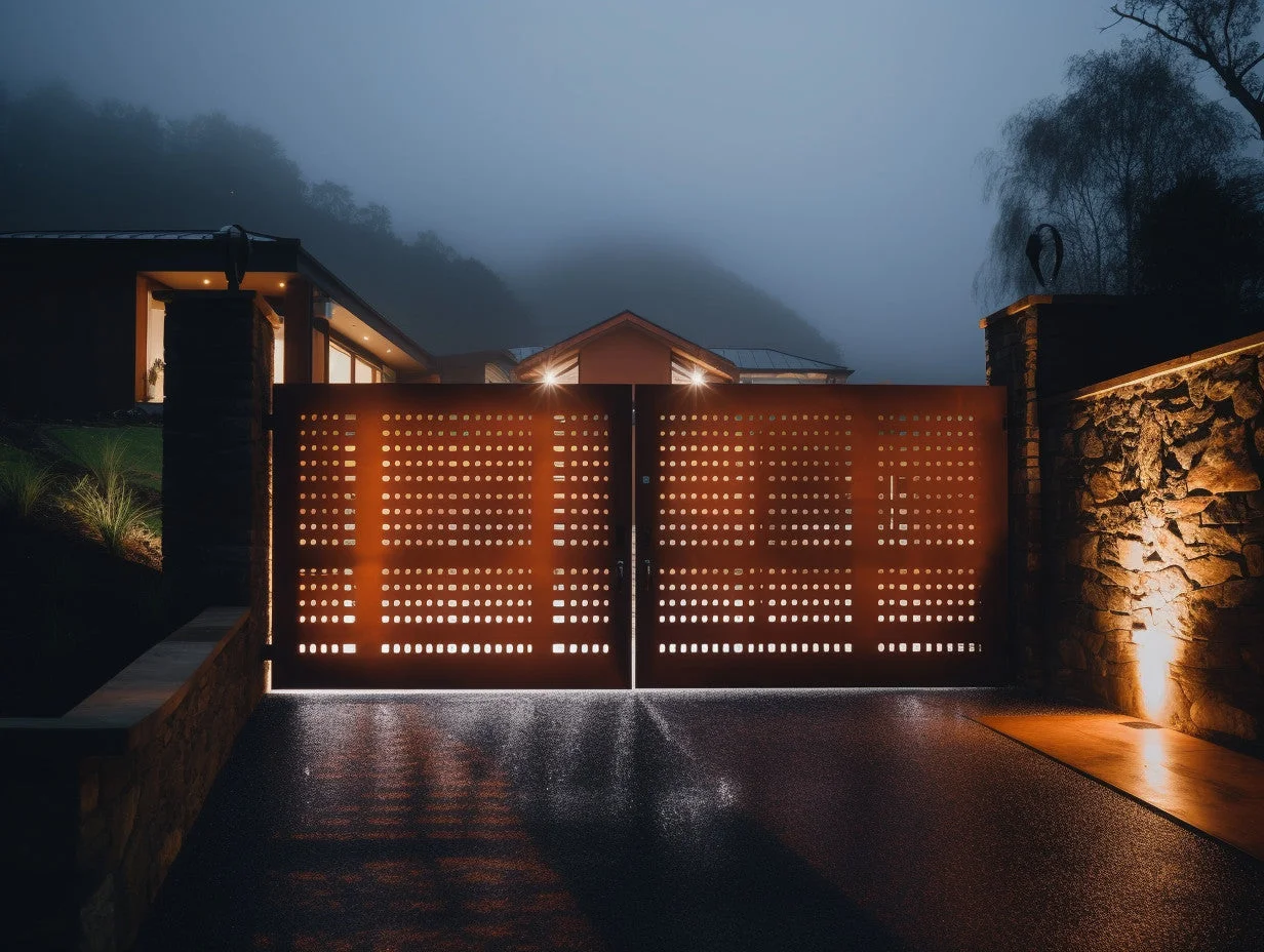 Brama wjazdowa ze stali COR-TEN® - perforowana, ozdobna.