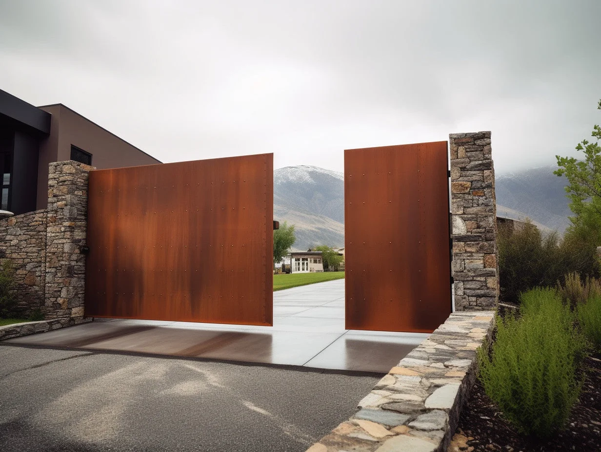 Brama wjazdowa ze stali COR-TEN® - wypełniona, minimalistyczna forma.