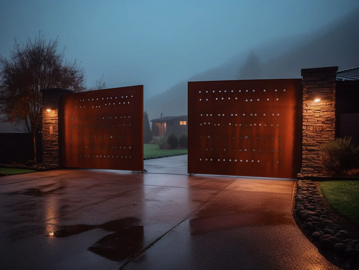 Brama wjazdowa ze stali COR-TEN® - perferowana, niereguralny wzór okręgów.