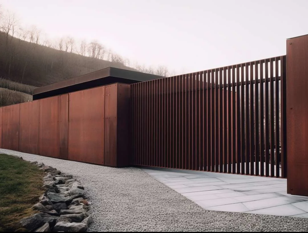 Brama wjazdowa ze stali COR-TEN® - Pionowe sztachety, bauhaus.