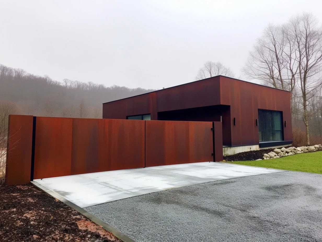 Brama wjazdowa ze stali COR-TEN® - minimalistyczna, nowoczesna, industrialna