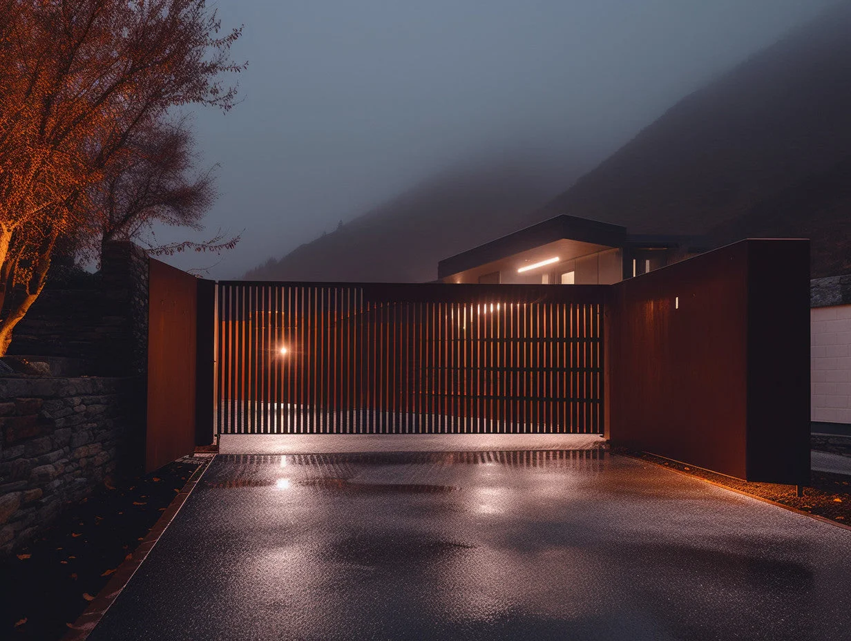 Brama wjazdowa ze stali COR-TEN® - Oszczędna, pionowe sztachety.