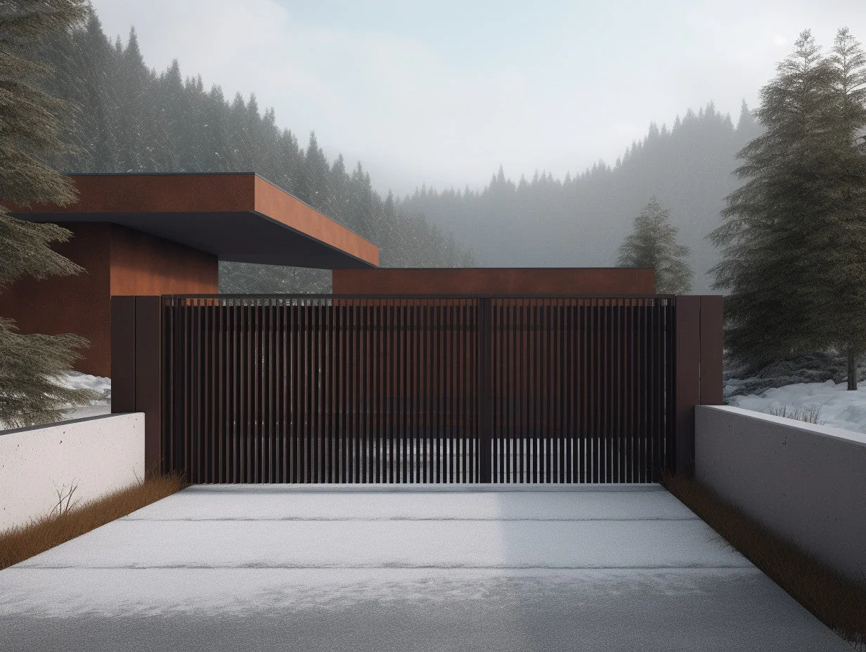 Brama wjazdowa ze stali COR-TEN® - oszczędna, pionowe sztachety, styl bauhaus