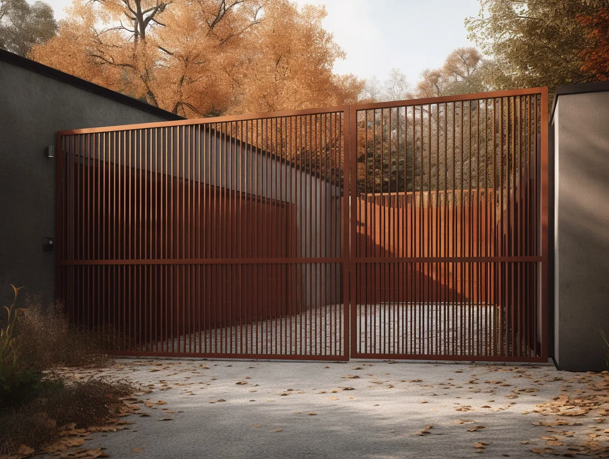 Brama wjazdowa ze stali COR-TEN® - Oszczędna, pionowe sztachety, europejski bauhaus