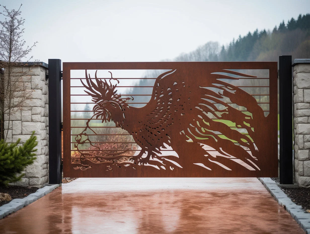 Brama wjazdowa ze stali COR-TEN® - motyw koguta