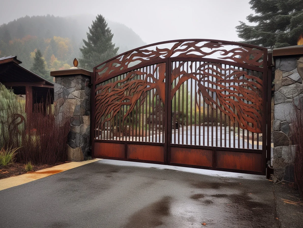 Brama wjazdowa ze stali COR-TEN® - rystykalne pnącza