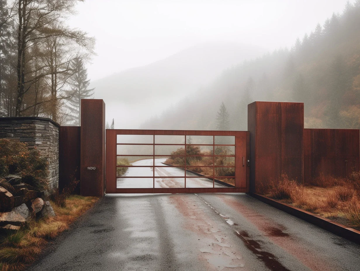 Brama wjazdowa ze stali COR-TEN® - delikatne prostokąty