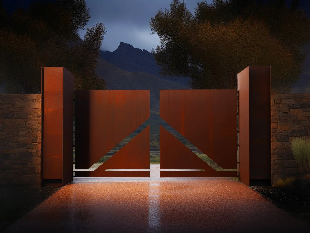 Brama wjazdowa ze stali COR-TEN® - trójkąt, minimalizm.