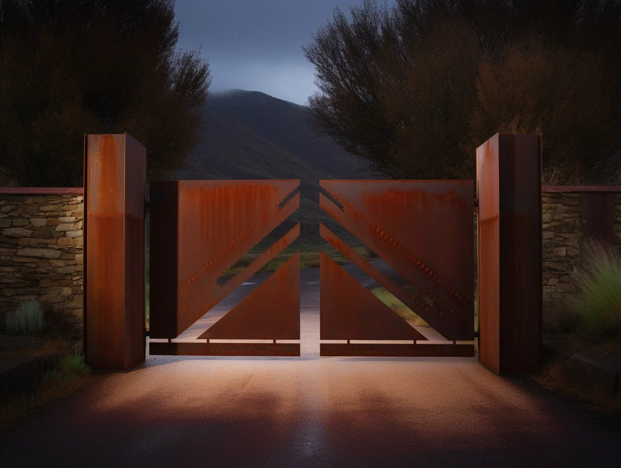 Brama wjazdowa ze stali COR-TEN® - trójkąt bermudzki