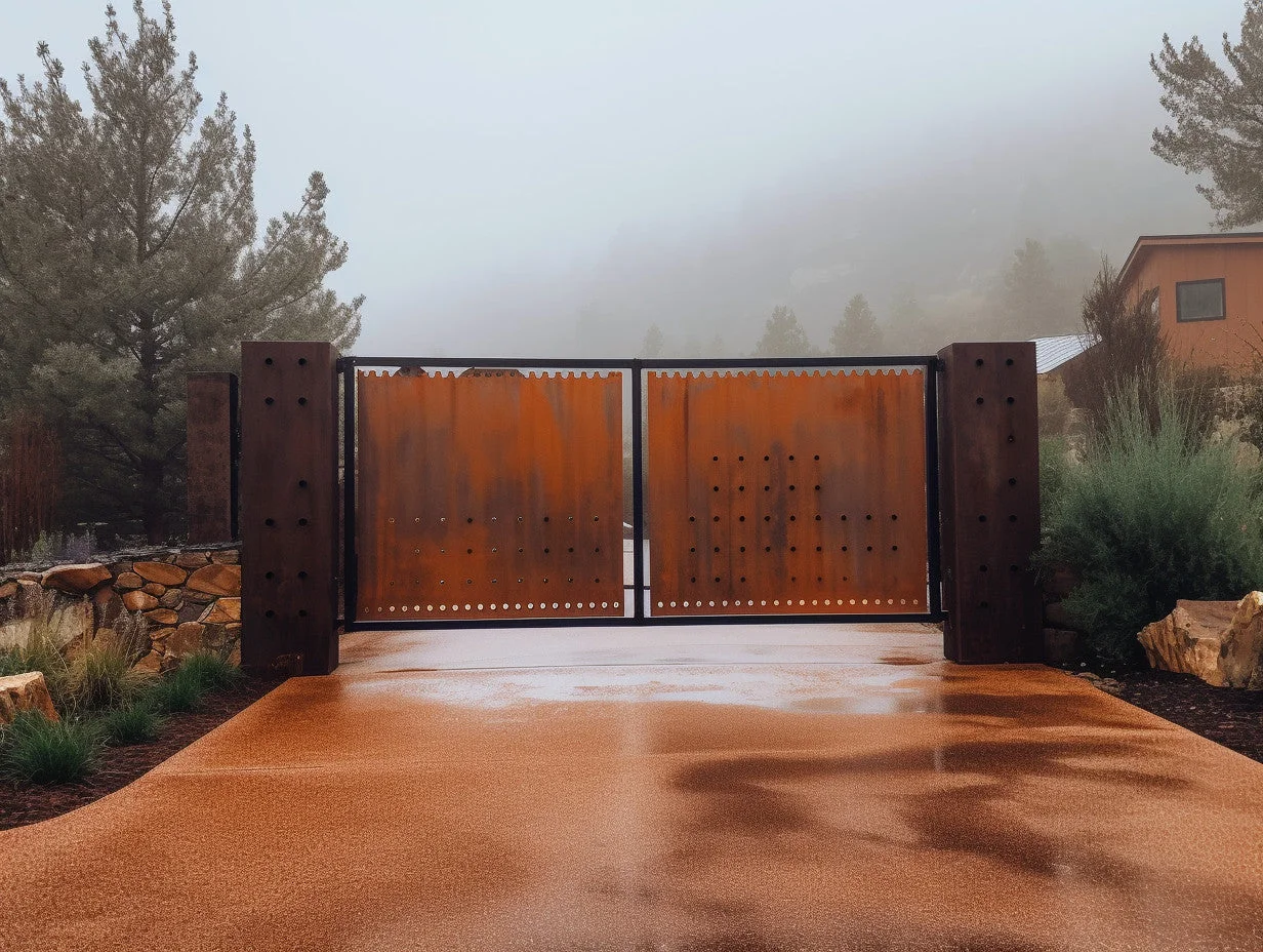 Brama wjazdowa ze stali COR-TEN® - wypełniona, minimalistyczna, bauhaus.