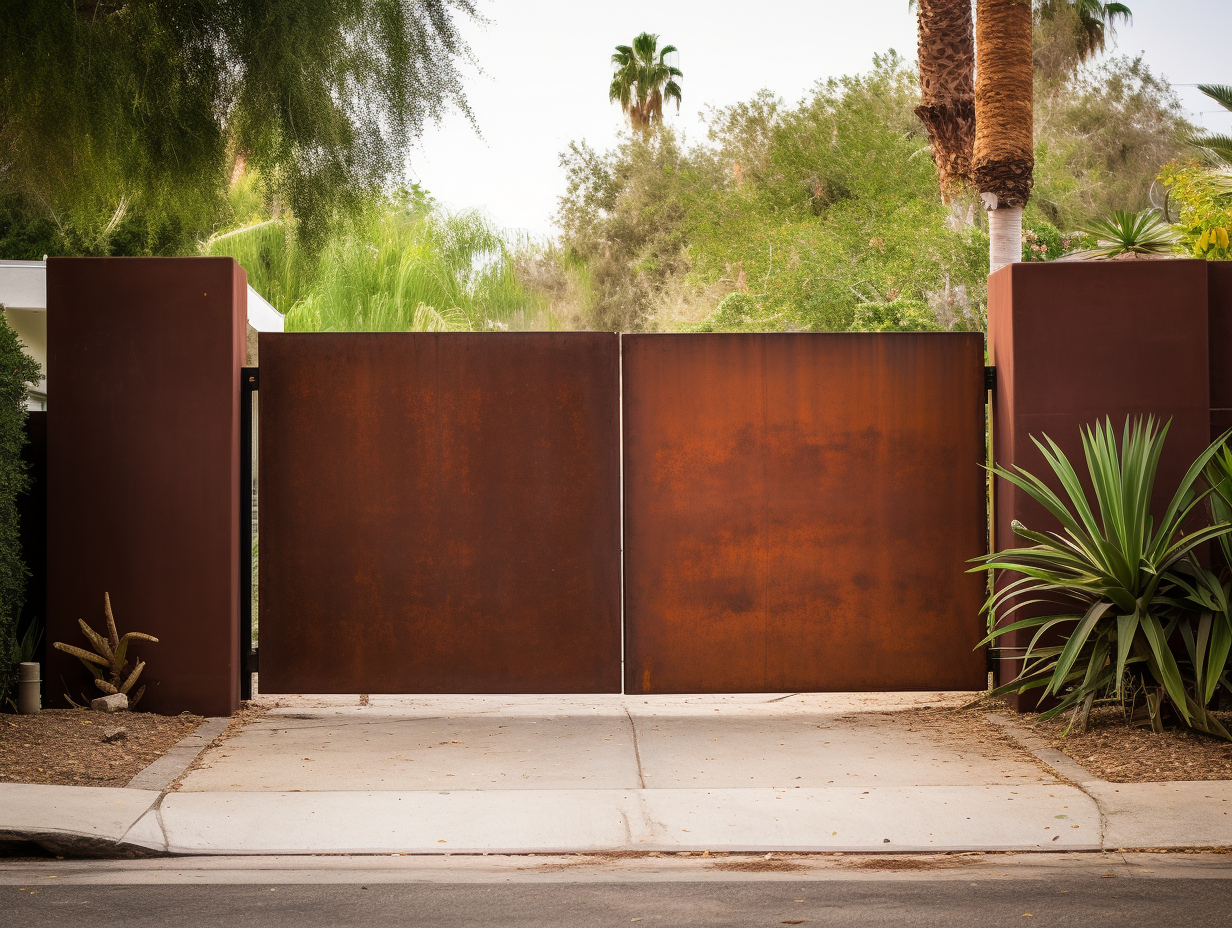 Brama wjazdowa ze stali COR-TEN - nowoczesna, wypełniona.