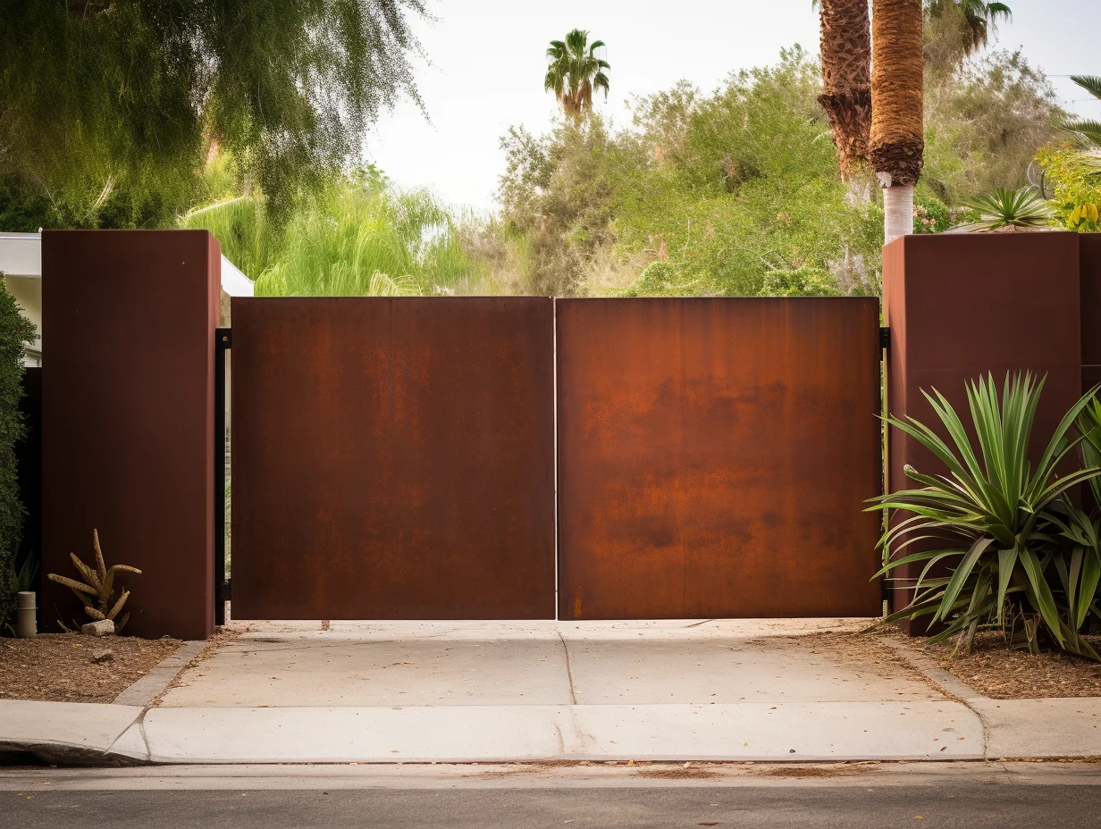 Brama wjazdowa ze stali COR-TEN - nowoczesna, wypełniona.