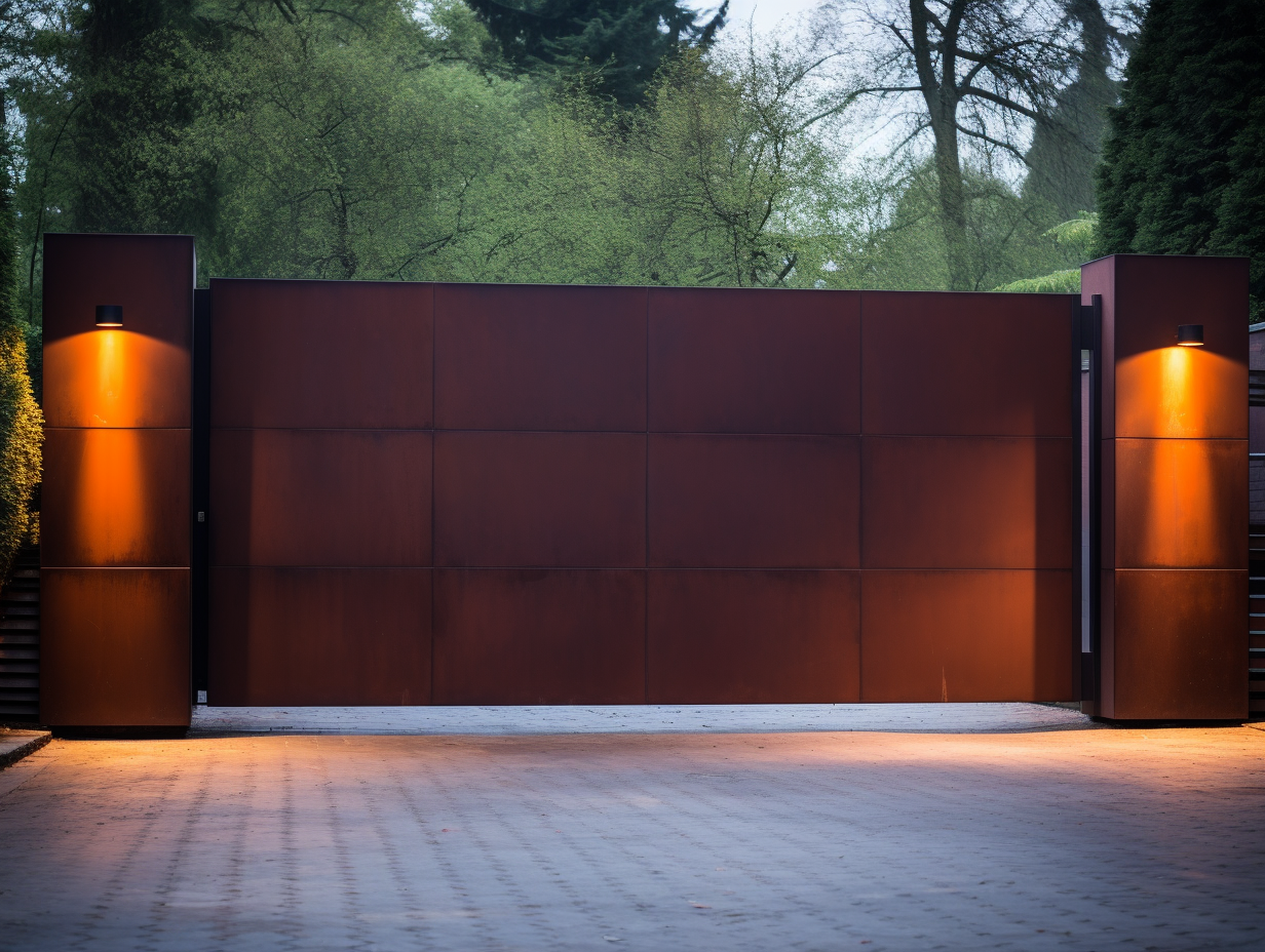 Brama wjazdowa ze stali COR-TEN - oszczędna, wypełniona.