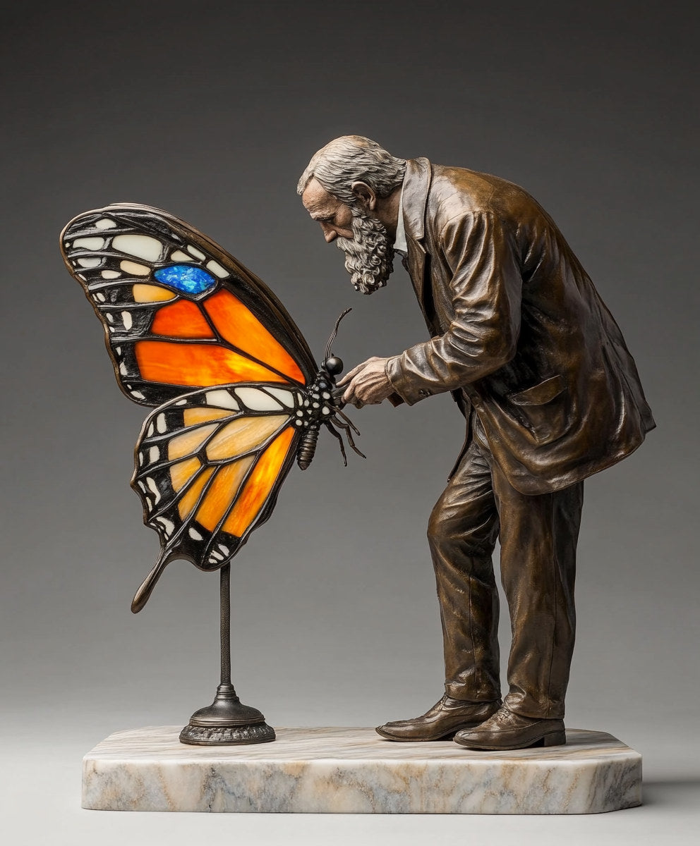 Charles Darwin - statuetka z brązu z witrażem