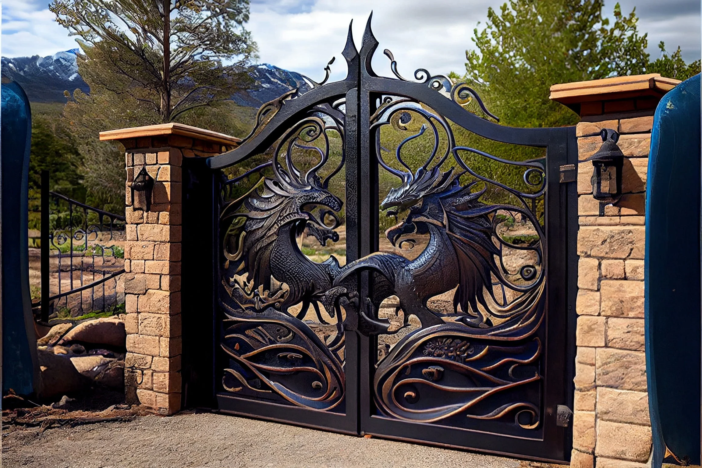 Dekoracyjna brama kuta ze smoczym motywem. Kowalstwo artystyczne