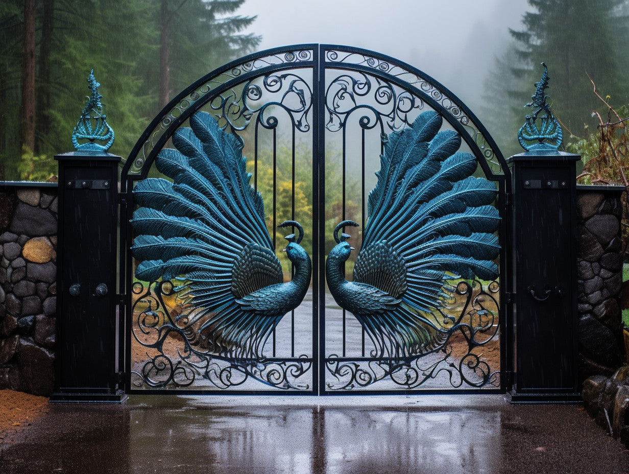 Dekoracyjna brama wjazdowa, ręcznie kuta. "Paw"