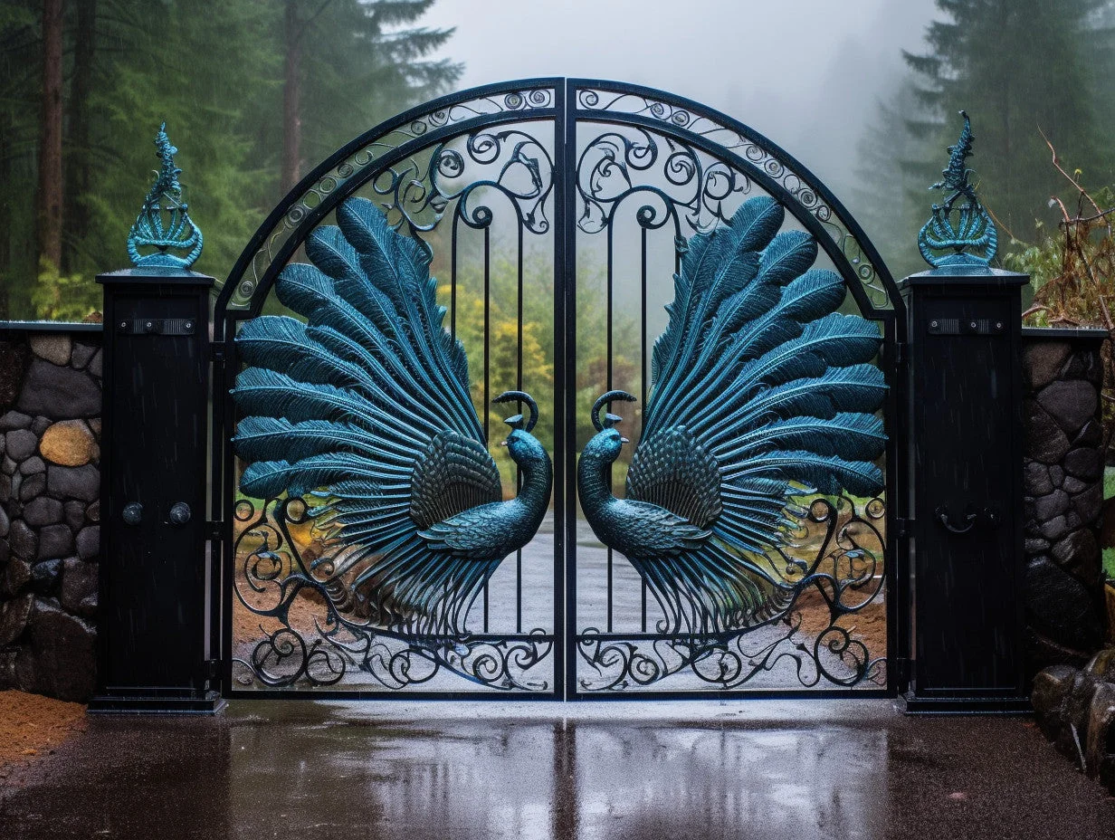 Dekoracyjna brama wjazdowa, ręcznie kuta. "Paw"