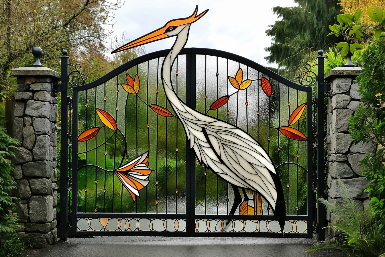 Dekoracyjna brama wjazdowa ze stali z motywem bociana
