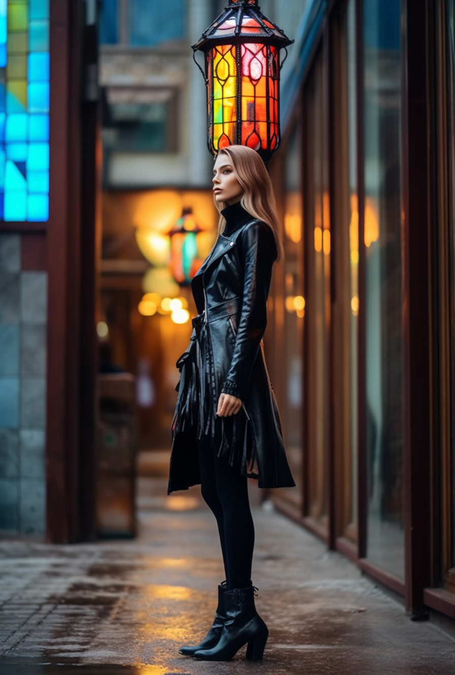 "Dobosław" - Latarnia kuta ze stali z witrażem. Gotycki styl.