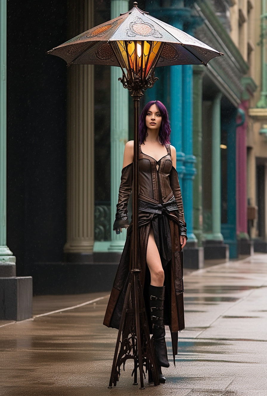 "Dobromir" - Latarnia uliczna ze stali z witrażem. Steampunk design.