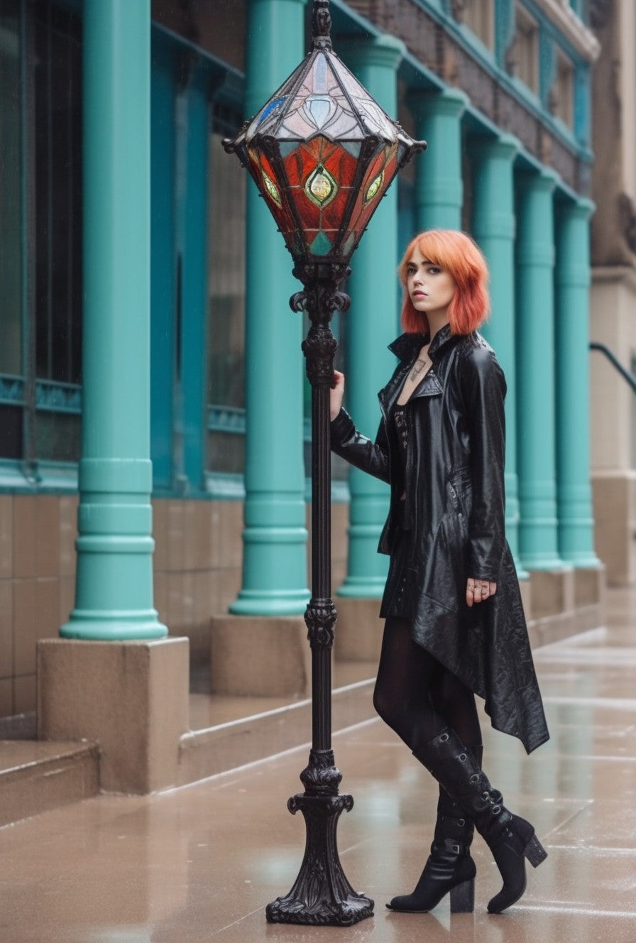 "Dobrosław" - Latarnia uliczna, metalowa, z witrażem. Gotycki design.