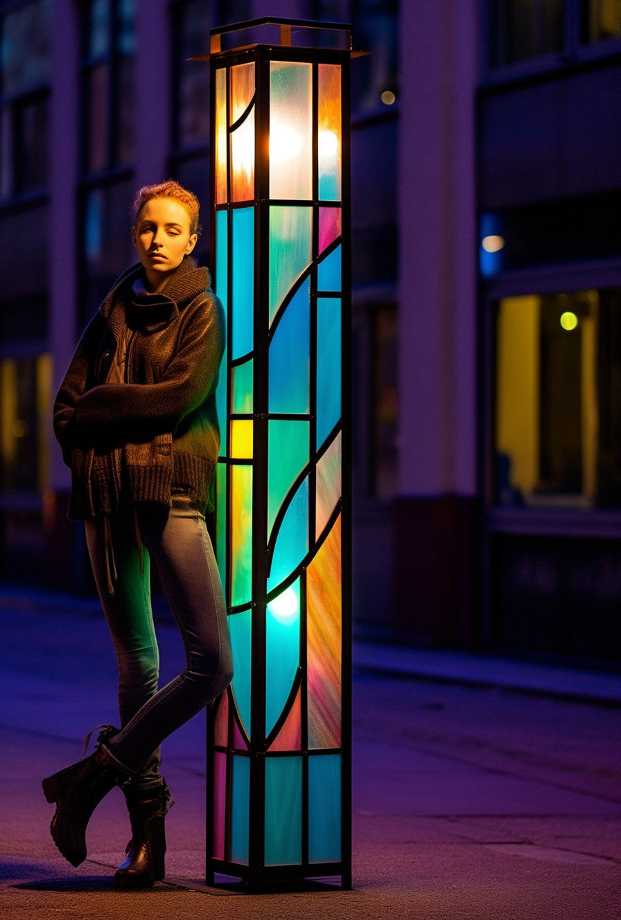 "Dobrowit" - Latarnia uliczna ze stali z witrażem. Modernistyczny design.